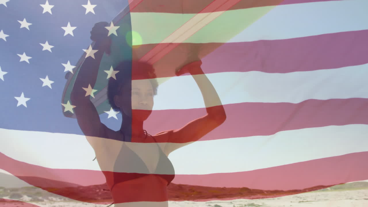 우리와 함께 서프 보드를 들고 발을 흔들고 있는 두 인종의 젊은 여성