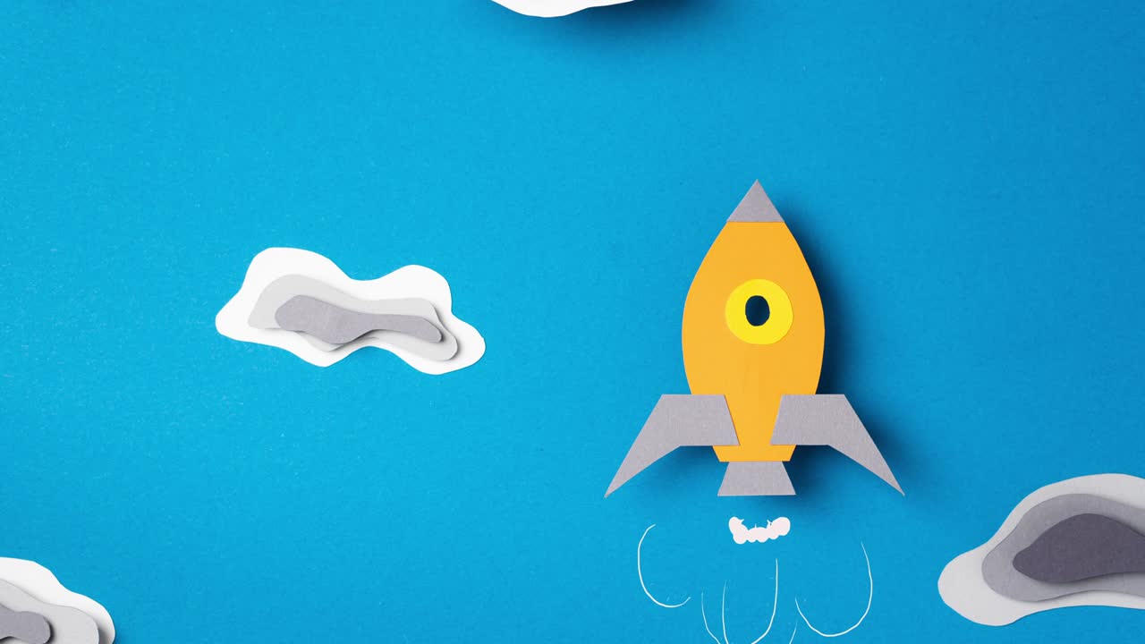 Lightning strikes rocket flying through clouds, stop motion animation. Paper art. Business start up concept. Сoncept of overcoming obstacles.