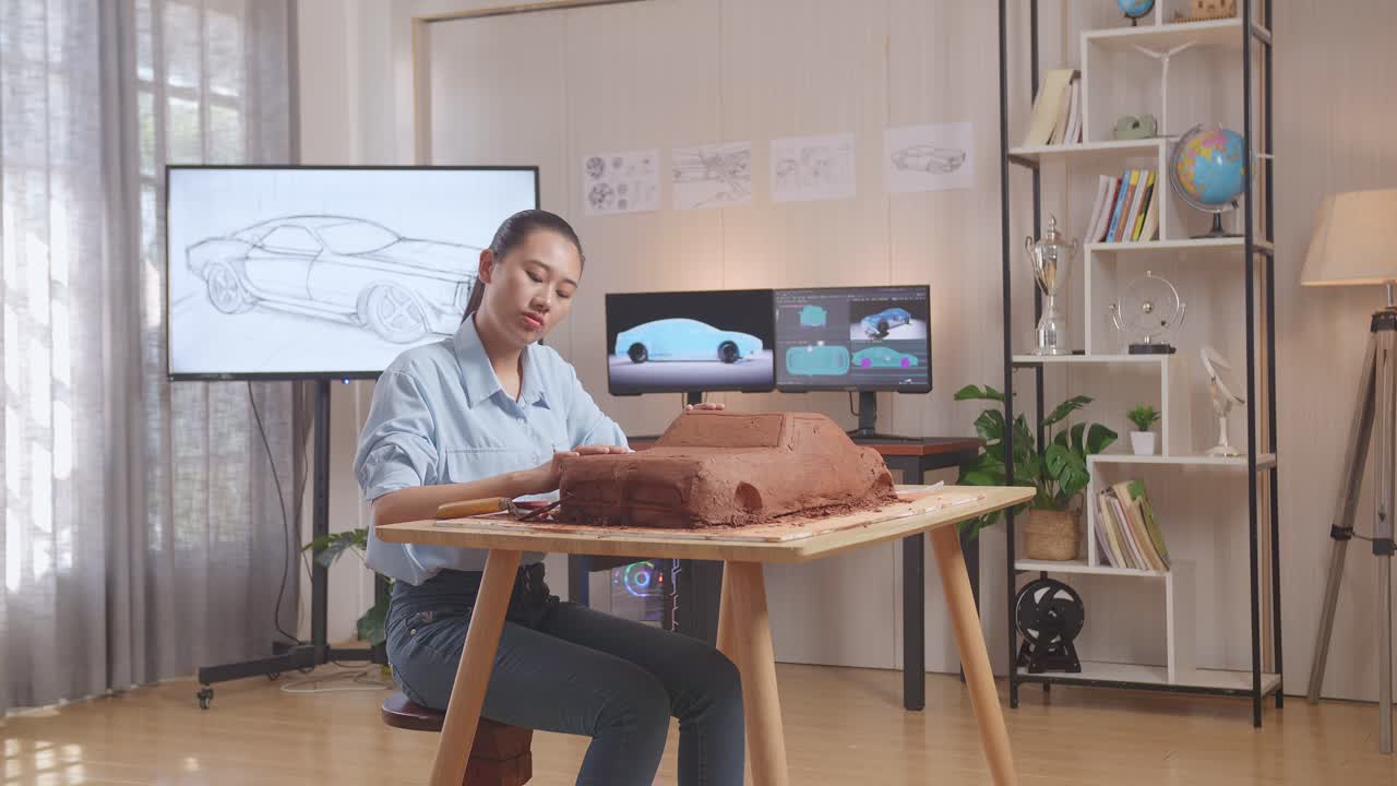 mujer asiática diseñadora de automóviles comprobando su escultura de arcilla de coche en el diseño en el estudio