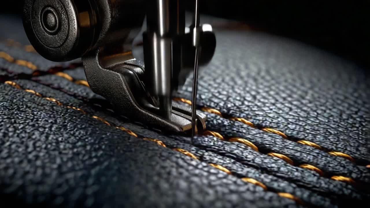 Close-Up of a Sewing Machine Needle and Foot Working on Textured Leather, Highlighting Intricate Stitches and Craftsmanship in Fabric Creation