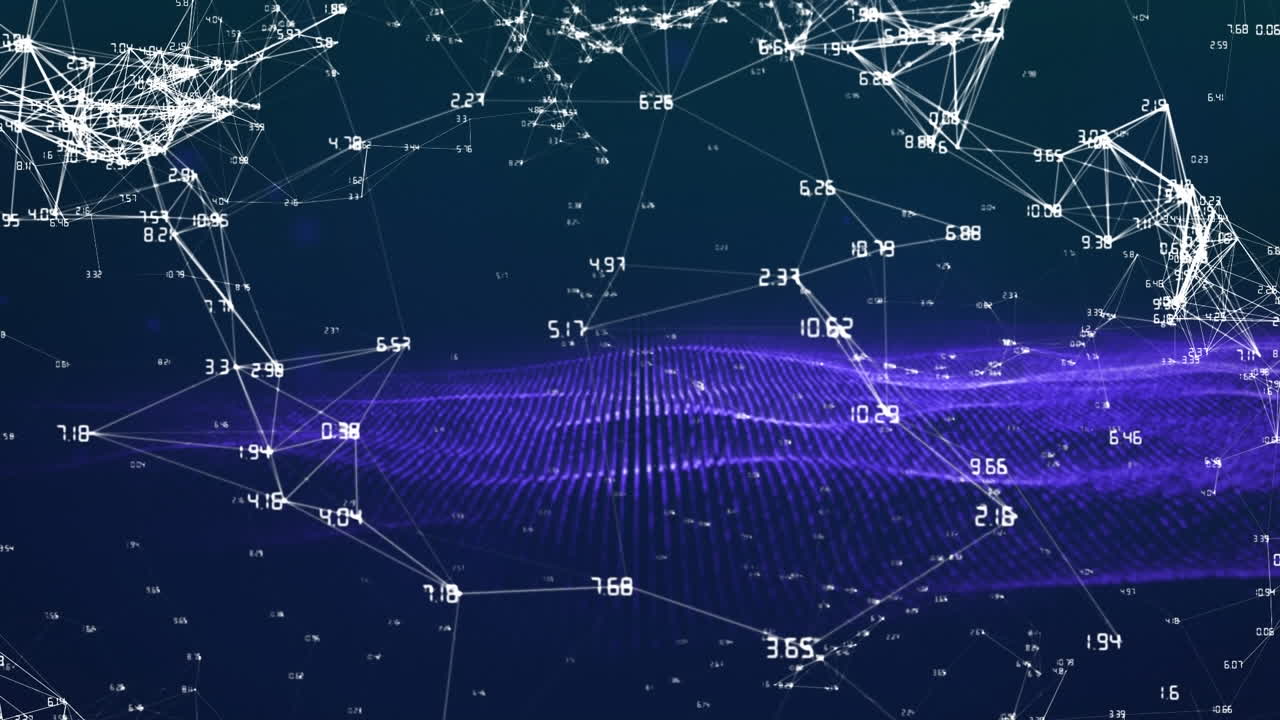 Animation of network of connections with numbers over purple mesh