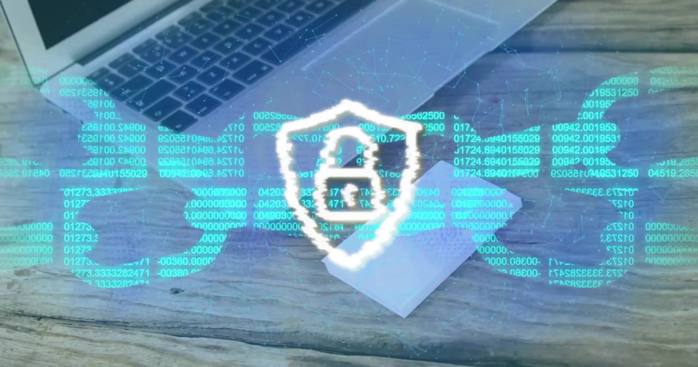 Animation starting with neon code streaming across desk, forming ring, shield padlock securing data