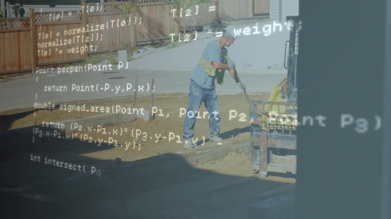 Construction worker holding shovel, standing on residential dirt site, showcasing digital code grid