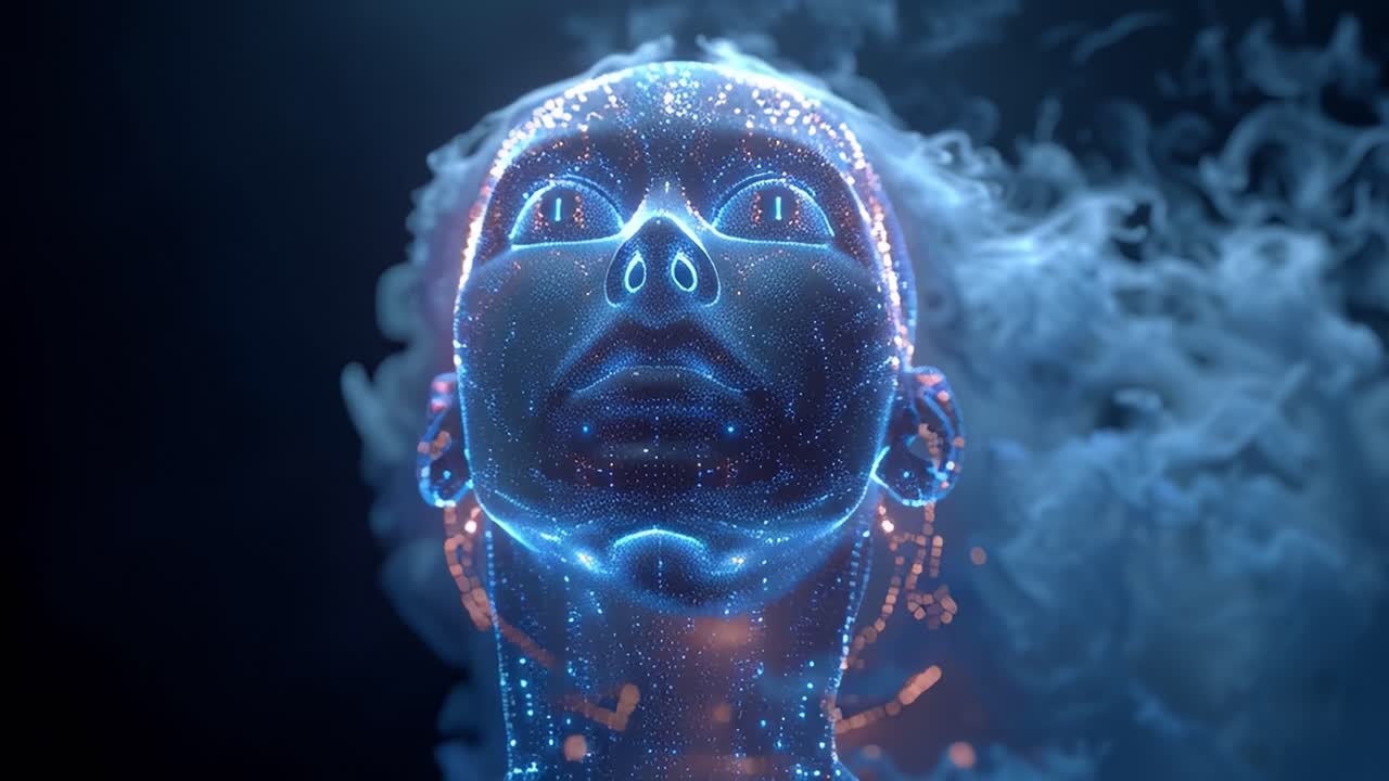 A Digital Representation of a Human Face Surrounded by Ethereal Smoke and Brilliant Light, Showcasing a Fusion of Technology and Art in a Captivating, Abstract Vision of Humanity and Imagination
