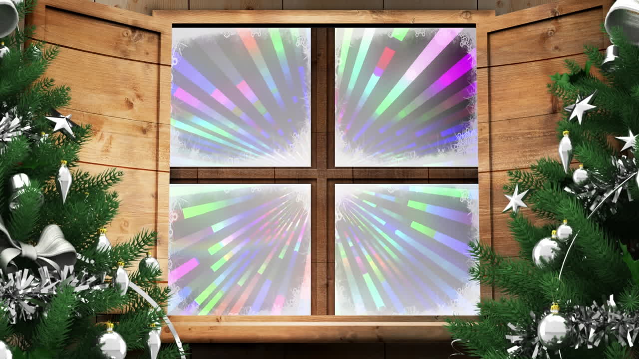 dos árboles de navidad y un marco de ventana de madera contra coloridos senderos de luz sobre un fondo negro