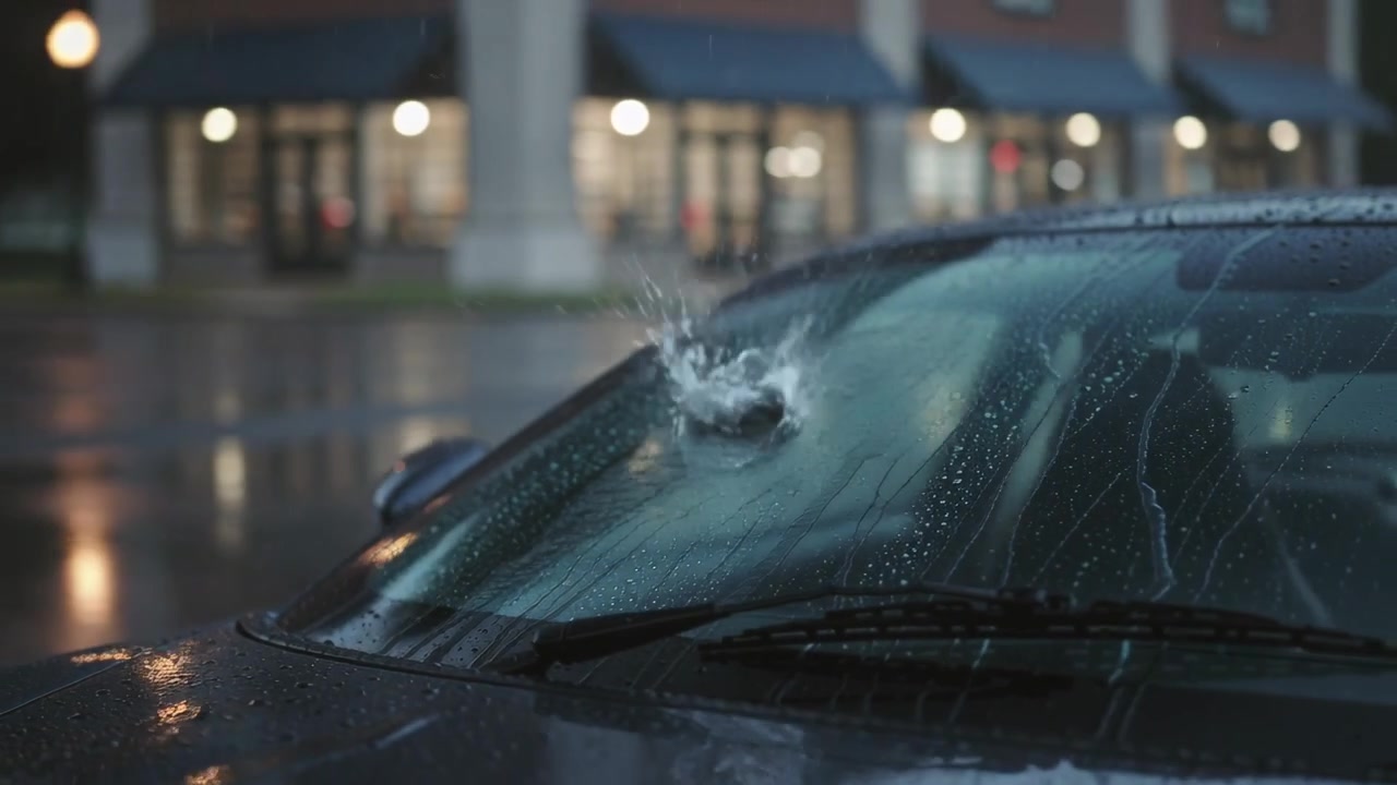 Striking pebble hitting dark car windshield in wet lot at dusk, wiper sweeping to clear view