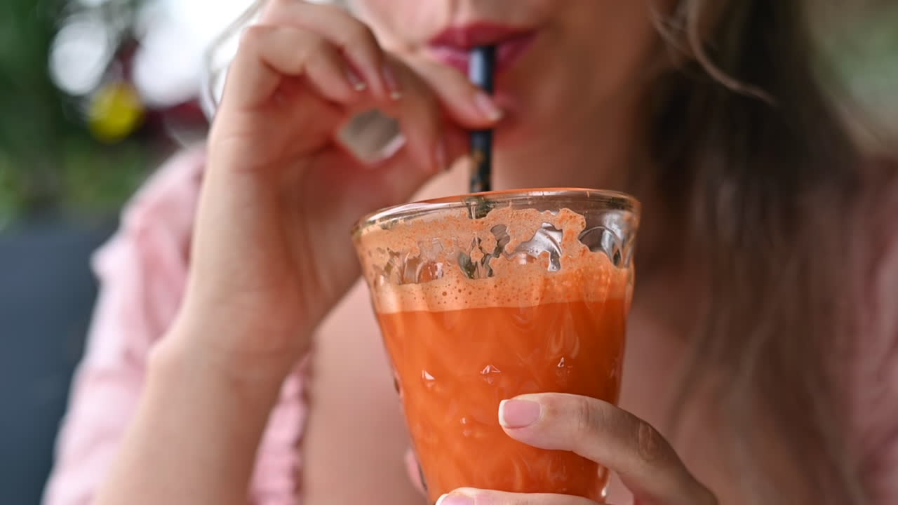 Donna bruna che beve succo di carote e arancia in un ristorante