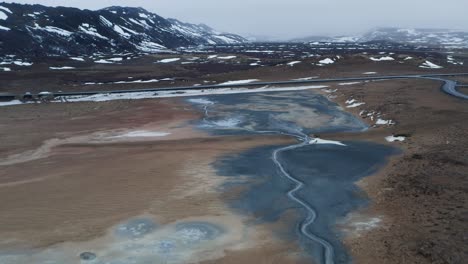 aerial panoramic shot of geothermal mud pots with snowy mountains in background in iceland