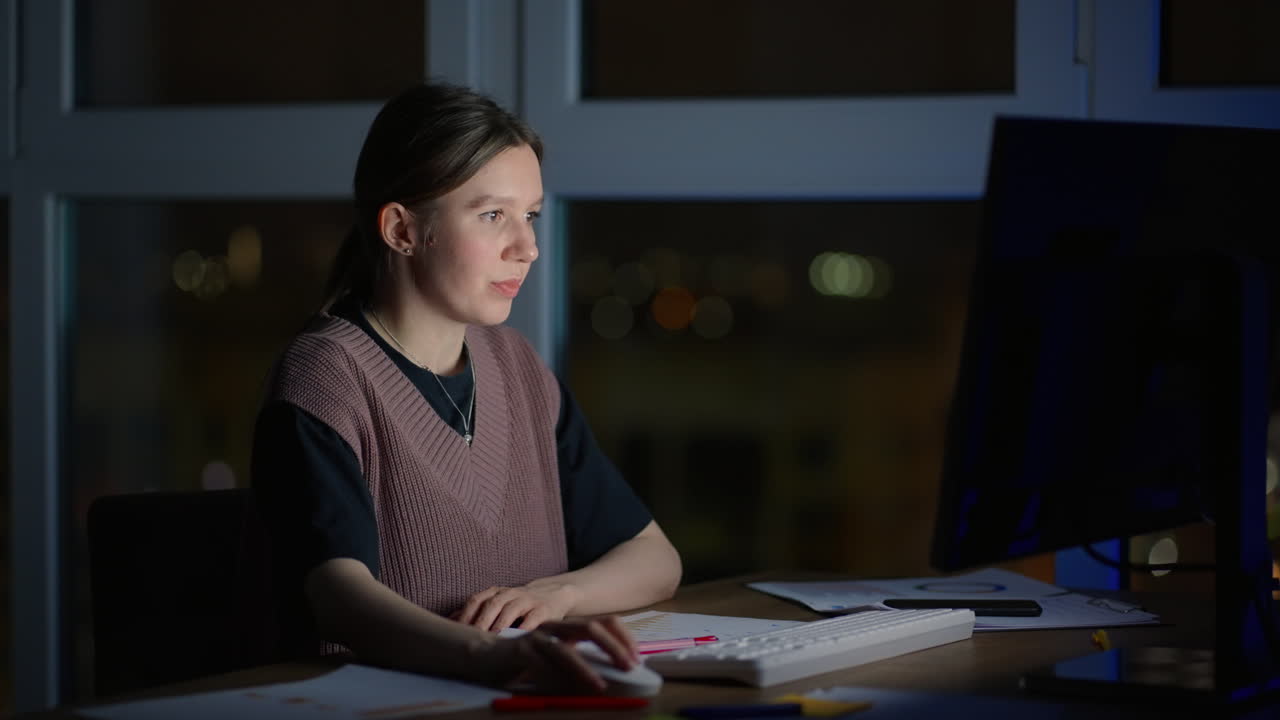 una mujer por la noche bajo trabaja desde casa en la oscuridad. hora de la noche para los plazos de trabajo son plazos de quema.
