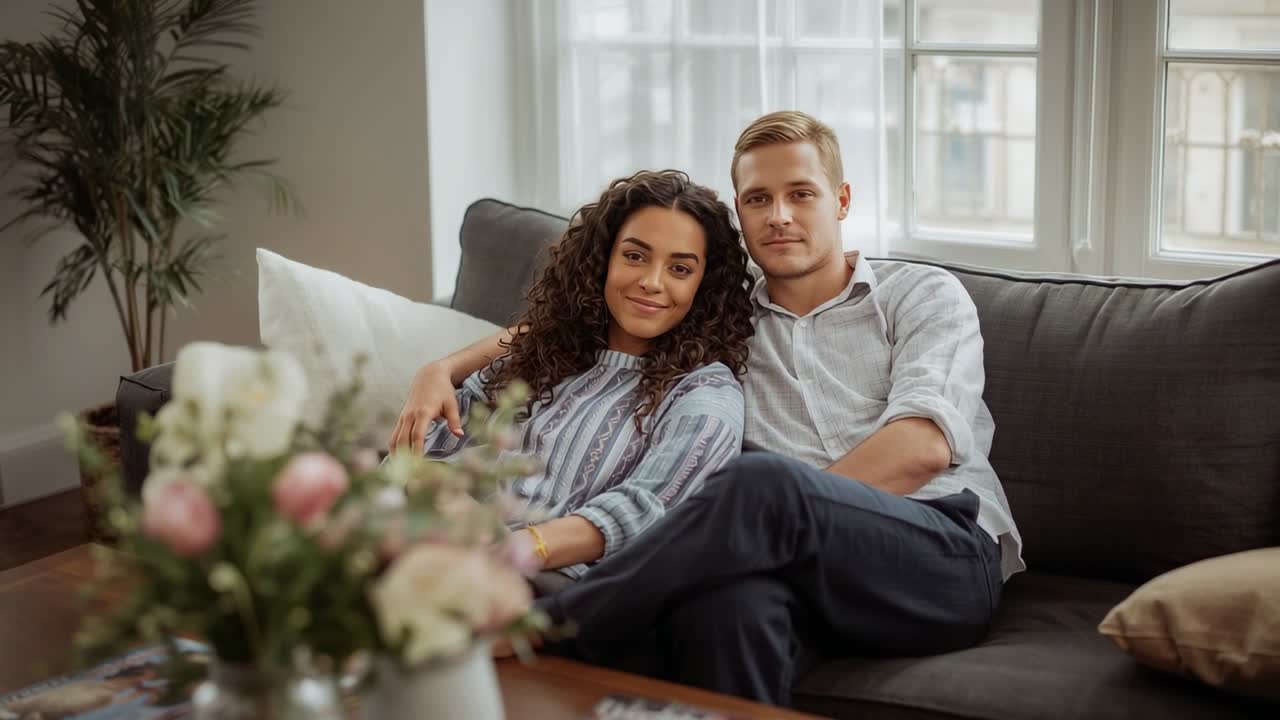 Sitting couple posing for camera while settling on dark gray sofa in living room, blurred flowers