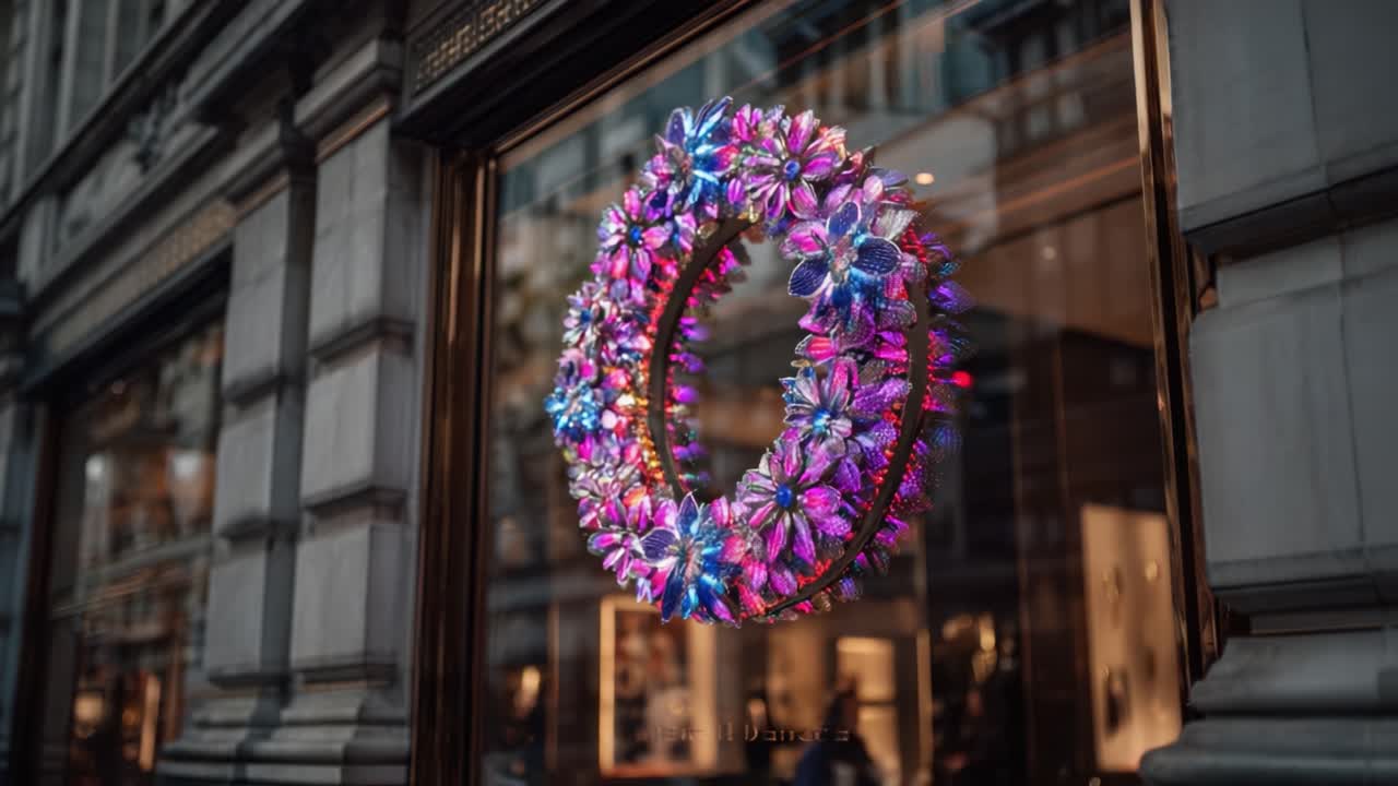 A Vibrant Floral Wreath of Lights showcased in a Stylish Urban Window Display, Capturing Attention with Its Colorful Glow and Artistic Design