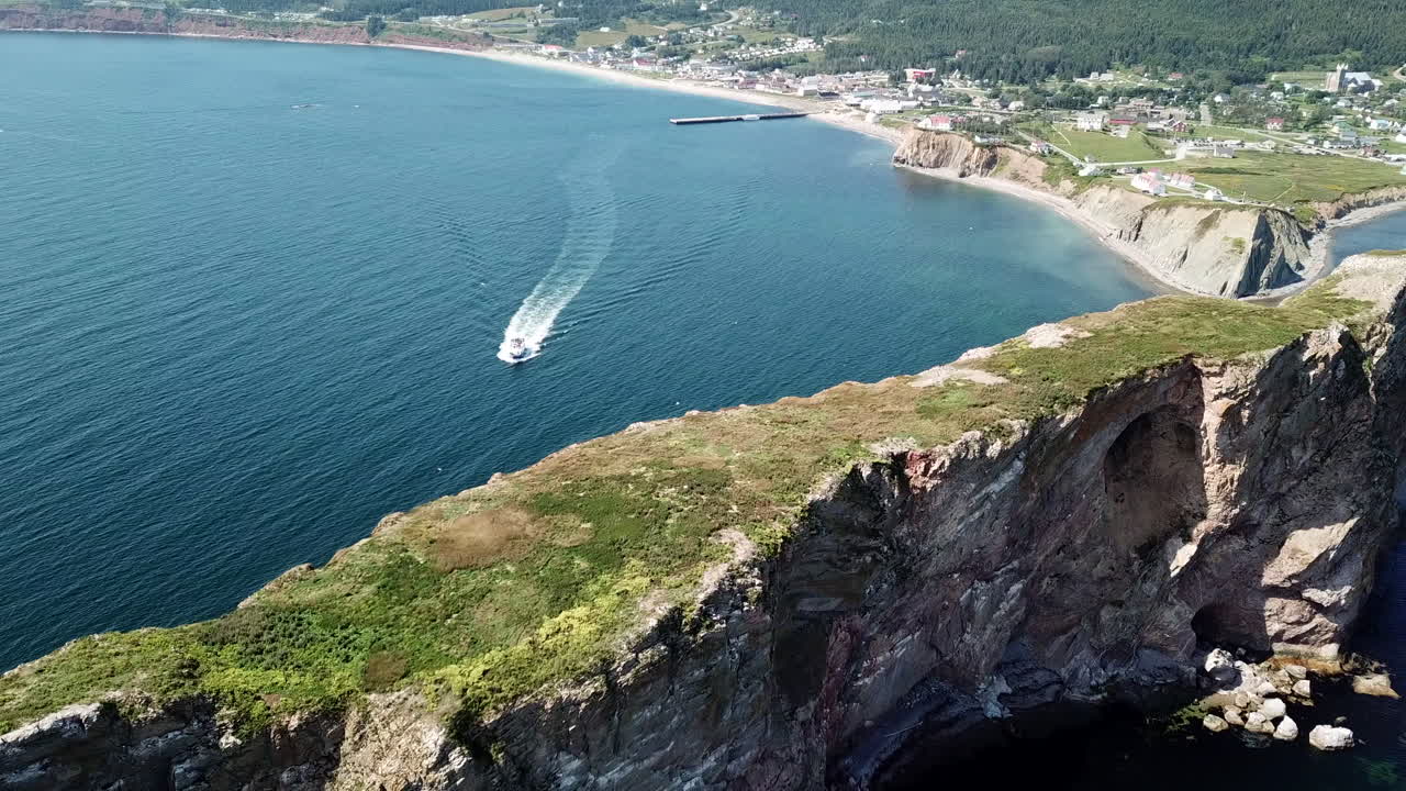 Perc&eacute; Rock in Gaspesie Quebec Canada aerial footage