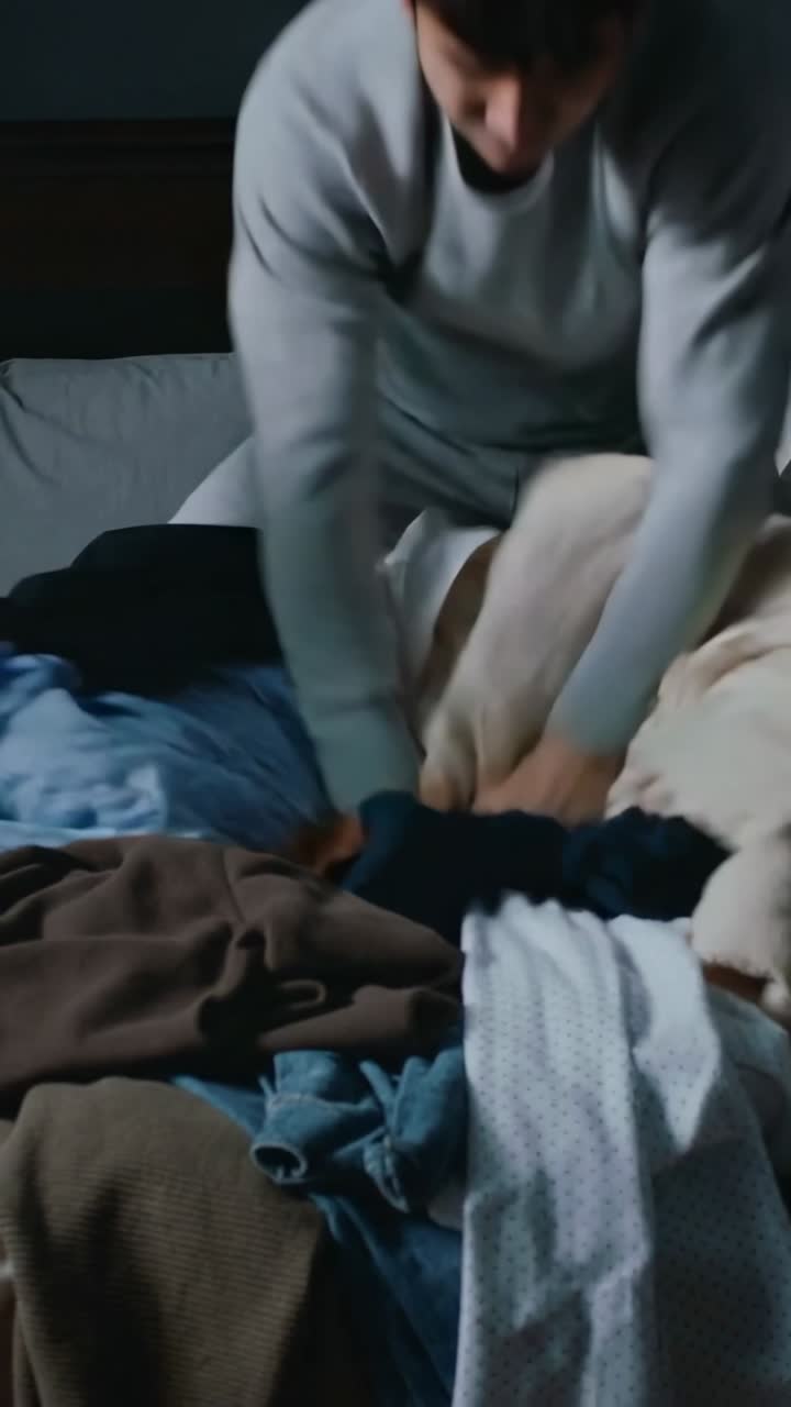Vertical video: Kneeling, man sorting pile of clothes on bed to organize wardrobe, wearing gray top