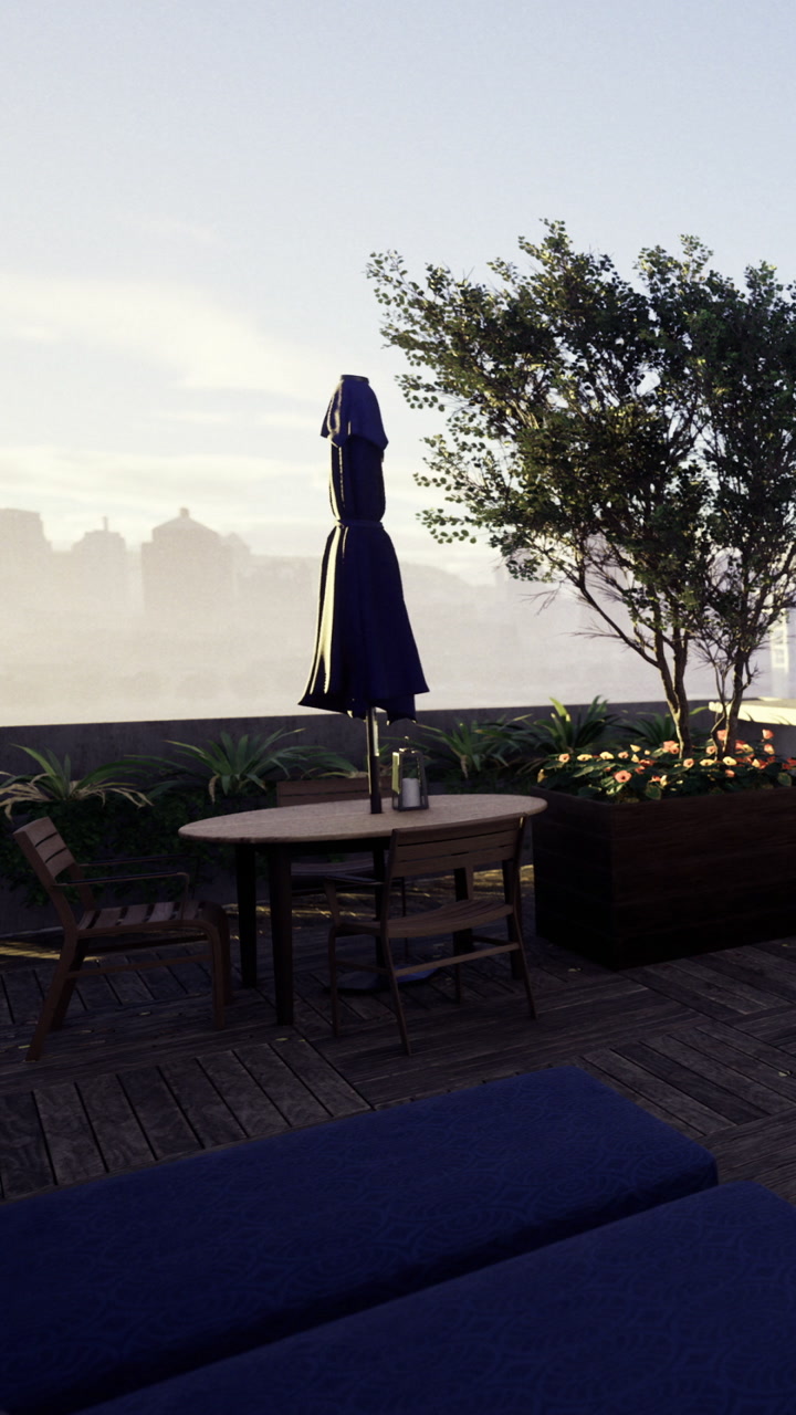 Charming rooftop terrace offers tranquility and a hint of adventure at dusk
