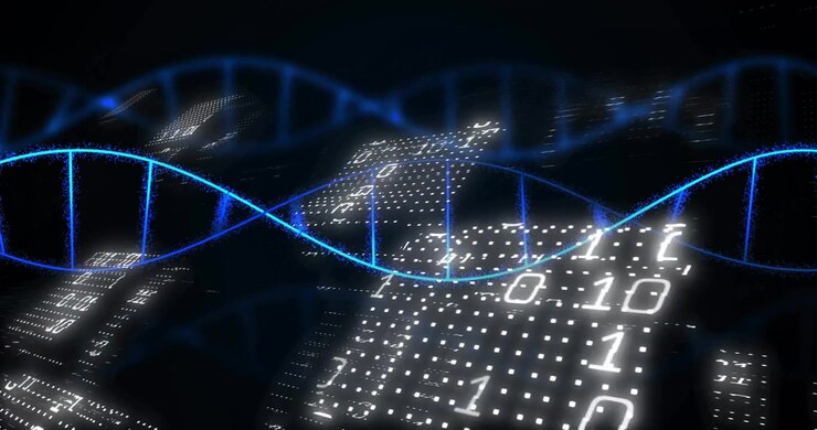 Animation of dna strand, binary coding, data processing on black background