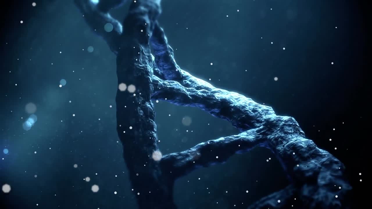 animación de puntos que caen sobre una cadena de adn giratoria sobre un fondo oscuro