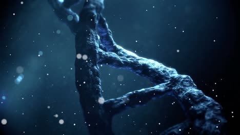 animation of falling dots over spinning dna strand on dark background