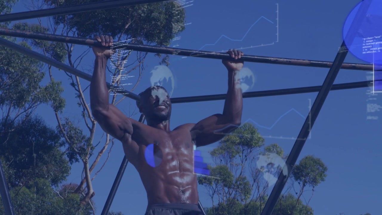 Atleta sem camisa se puxando da barra, treinando flexões em barra de metal no parque com sobreposições azul-giz.