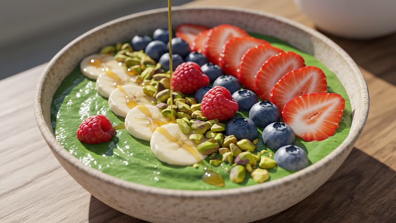 Vibrant and Delicious Smoothie Bowl Topped with Fresh Fruits and Nuts: A Colorful Breakfast Delight Captured in Two Stunning Frames