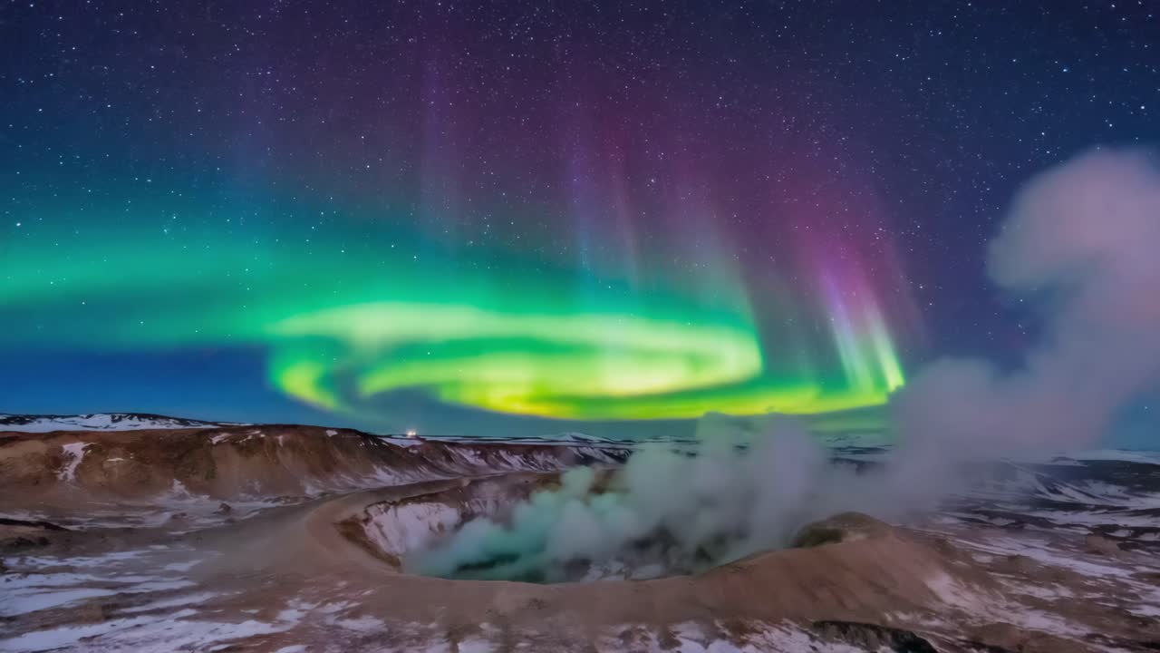 Vibrant Aurora Borealis Over a Steaming Geothermal Landscape at Night