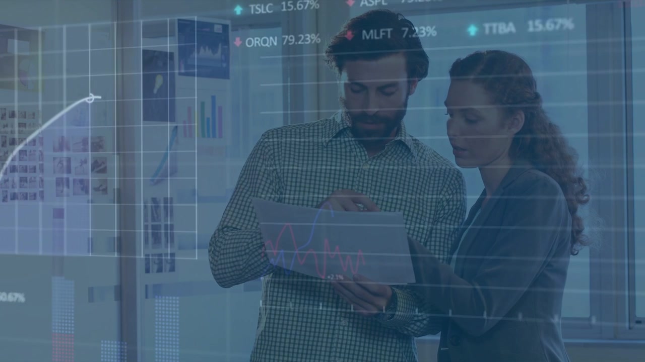 Man holding paper, woman joining review for business, aligning sheet as charts gradually overlaying
