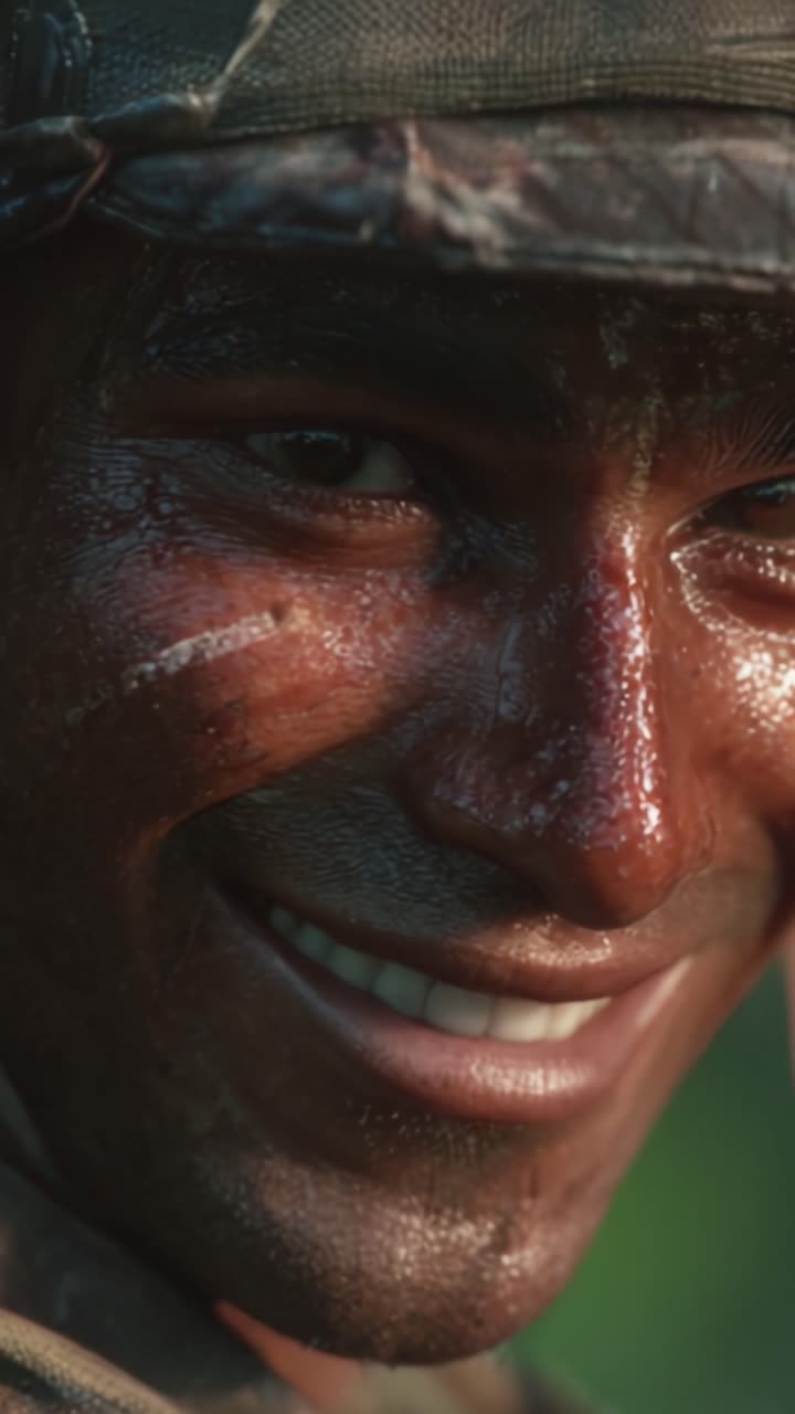 Espressioni gioiose: Primo piano di un soldato sorridente catturato in due fotogrammi, che evidenzia emozioni di cameratismo e resilienza tra le sfide.