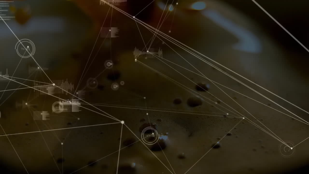 Glowing data nodes moving over textured interface, projecting HUD elements and waveform charts