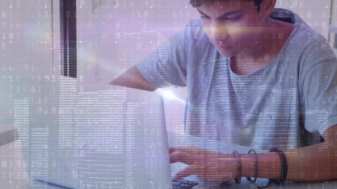 Animation of data processing over businessman using tablet