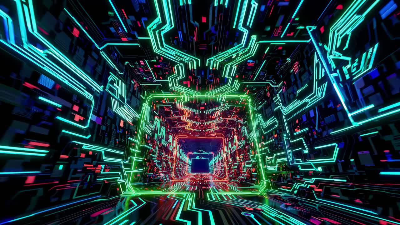 Tunnel astratto con scheda madre al neon