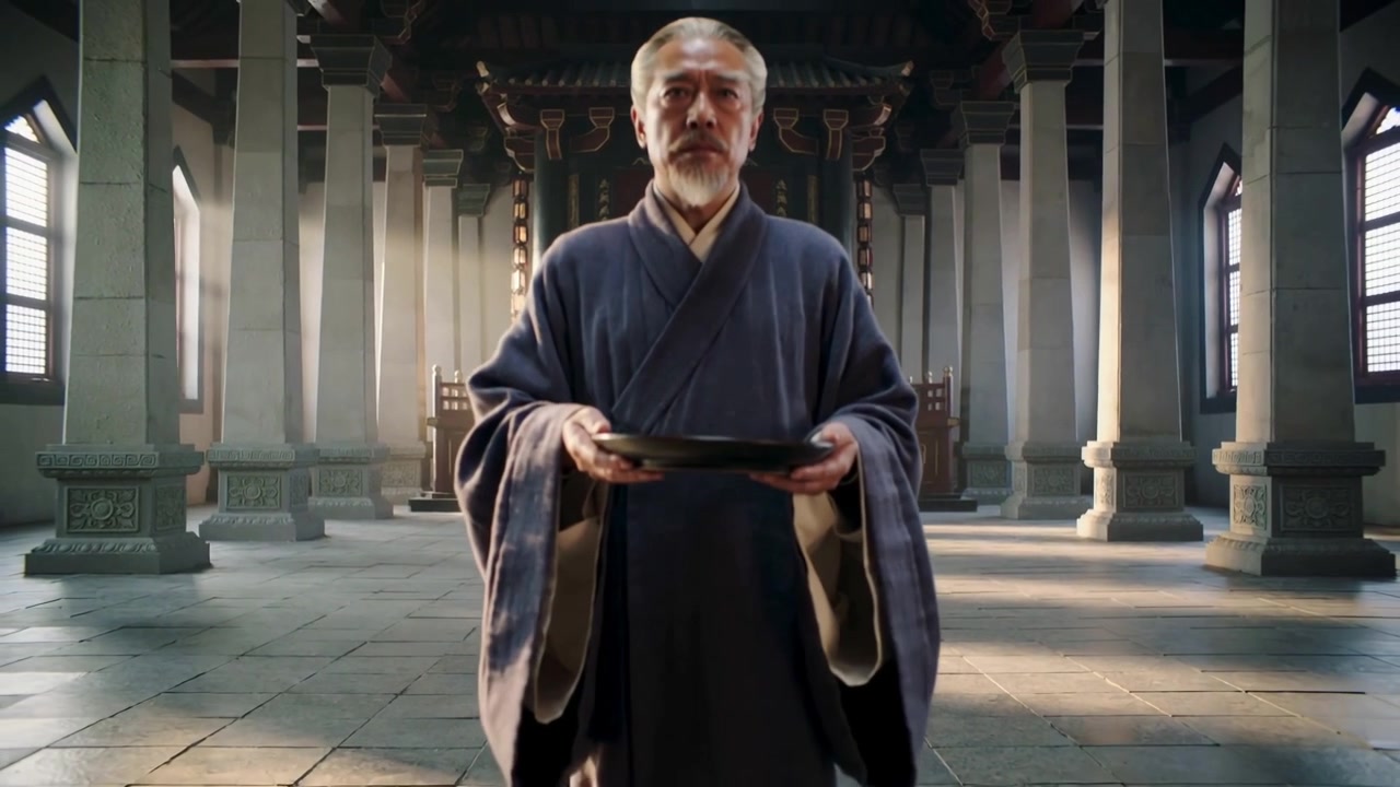 Anziano monaco asiatico che cammina, indossando una veste e tenendo una ciotola scura come offerta nella sala di un tempio, con la telecamera che si alza.