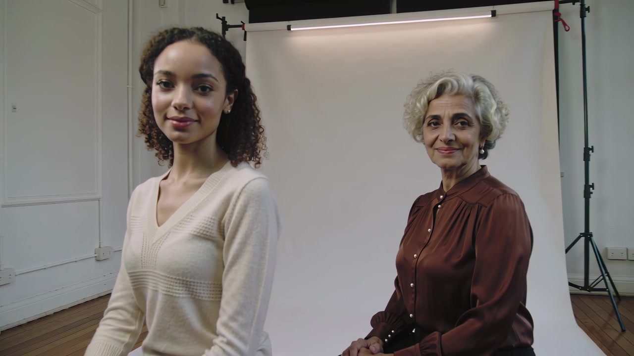 Reacting to cue, mother-daughter turning to camera in studio with backdrop, wearing sweater and top