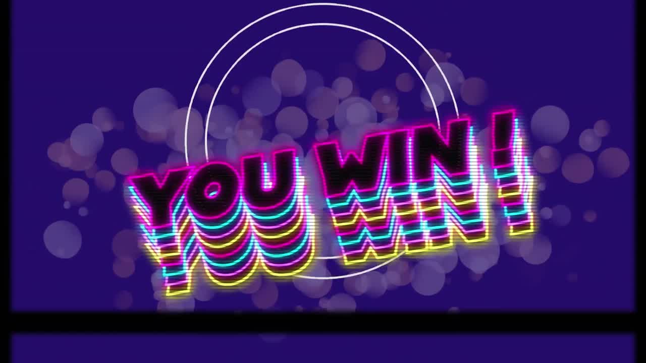 파란색 배경의 다채로운 불빛 위에 텍스트를 이기는 애니메이션