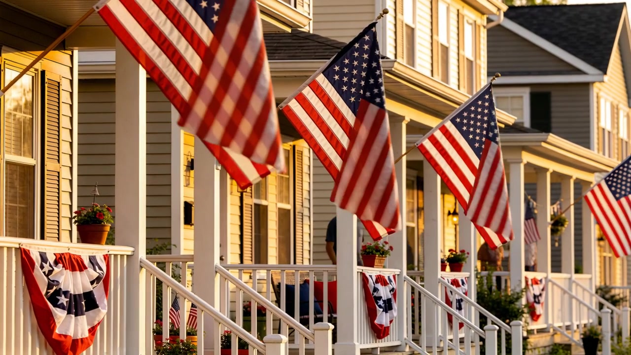Fluttering large American flags responding to light breeze on neighborhood porches, with bunting