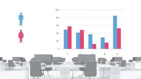 Digital-animation-of-statistical-data-processing-over-3d-model-of-office-against-white-background