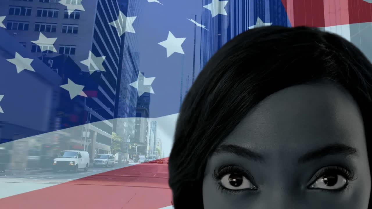 animación de una mujer afroamericana sobre el paisaje urbano y la bandera de estados unidos