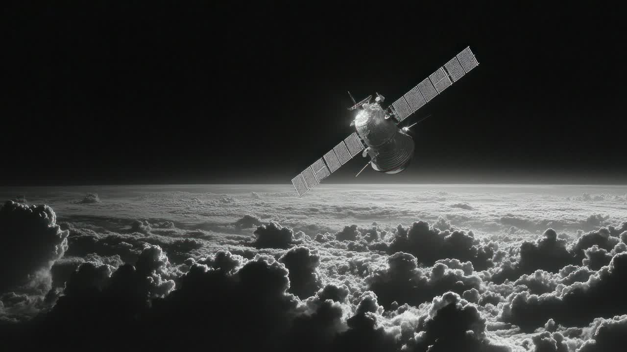 A satellite orbits Earth above cloud layers, captured from a high-angle view