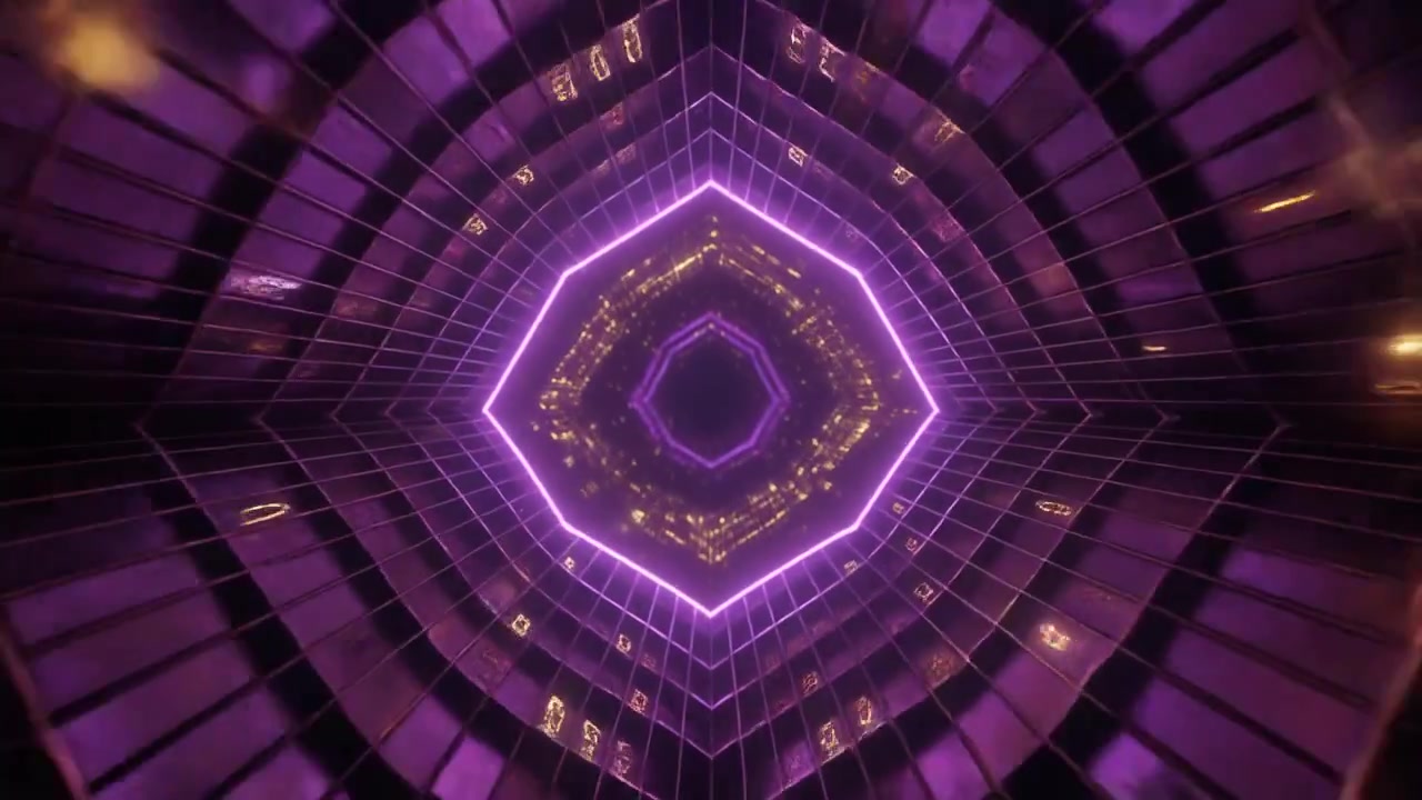 Astratto Tunnel Digitale con Numeri Dorati Incandescenti e Luci al Neon Viola