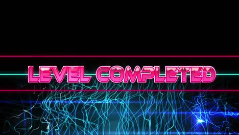 animation of level completed text over neon light trails