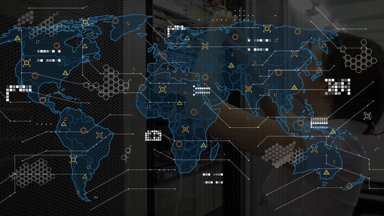 IT Technician Working on Server Rack with Digital World Map Overlay