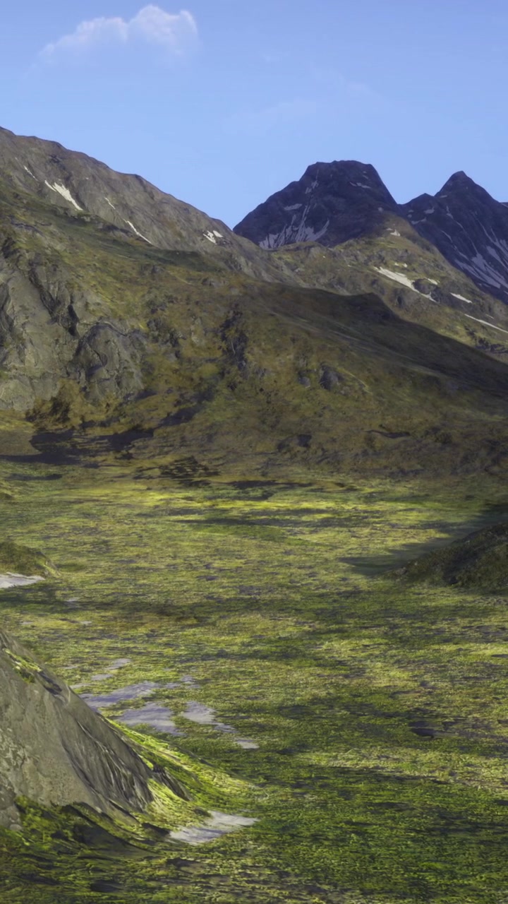 Paesaggio sereno con vegetazione lussureggiante e montagne aspre sotto un cielo limpido