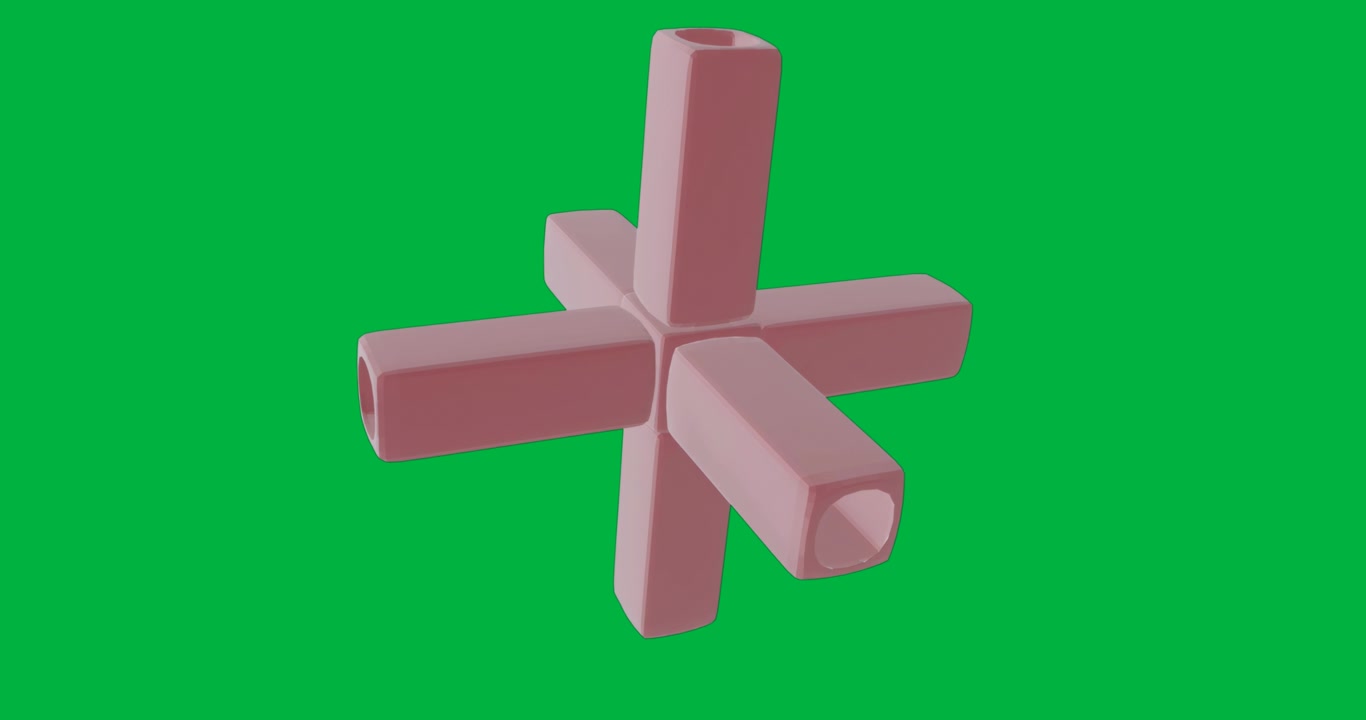 Abstraktes geometrisches Kreuz, das auf transparentem Hintergrund mit rosa Hohlstäben für Tech-Design rotiert.