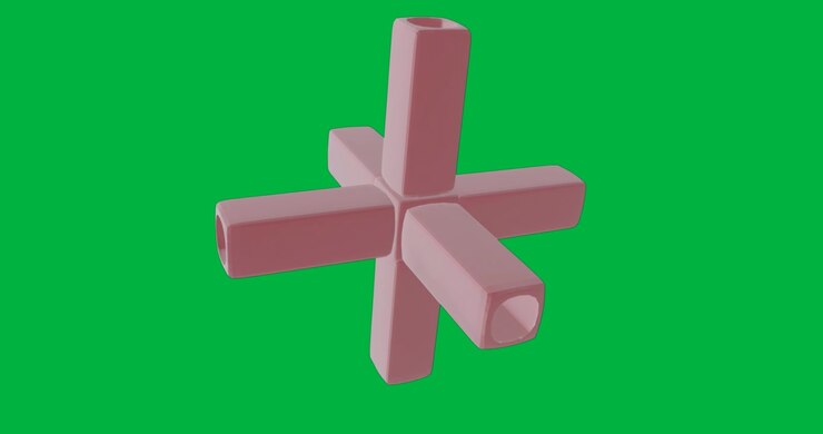 Abstrakt geometrisk kors roterer på gennemsigtig baggrund med lyserøde hule stænger til teknisk design.
