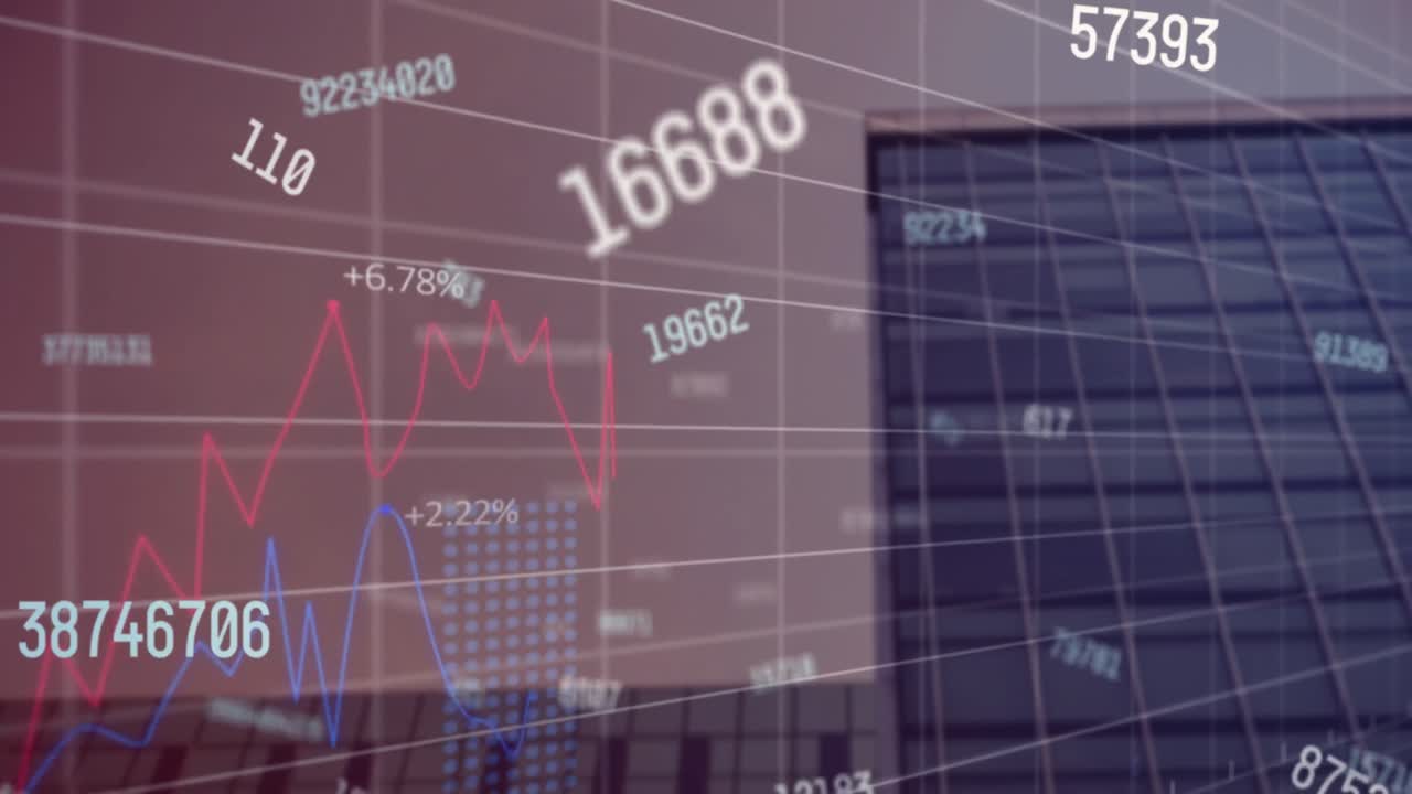 Animation of changing numbers and statistical data processing against tall building
