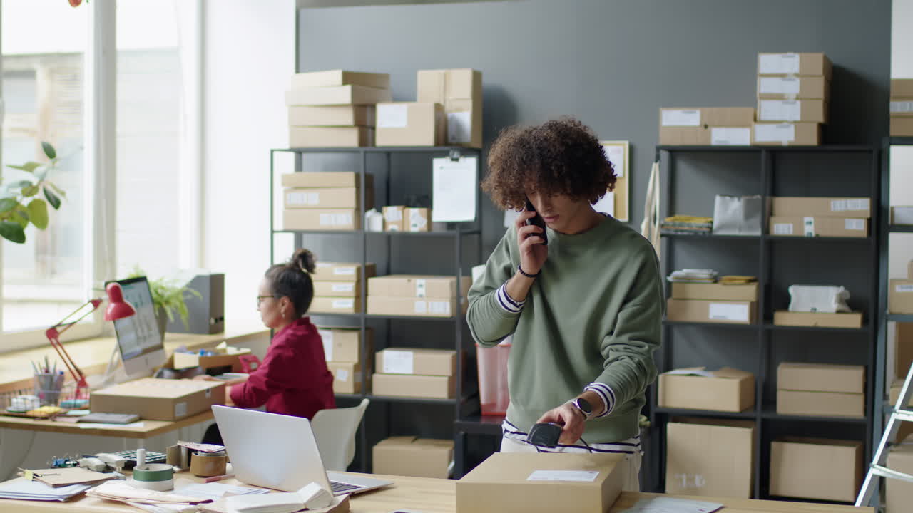 Office setting with delivery service employees