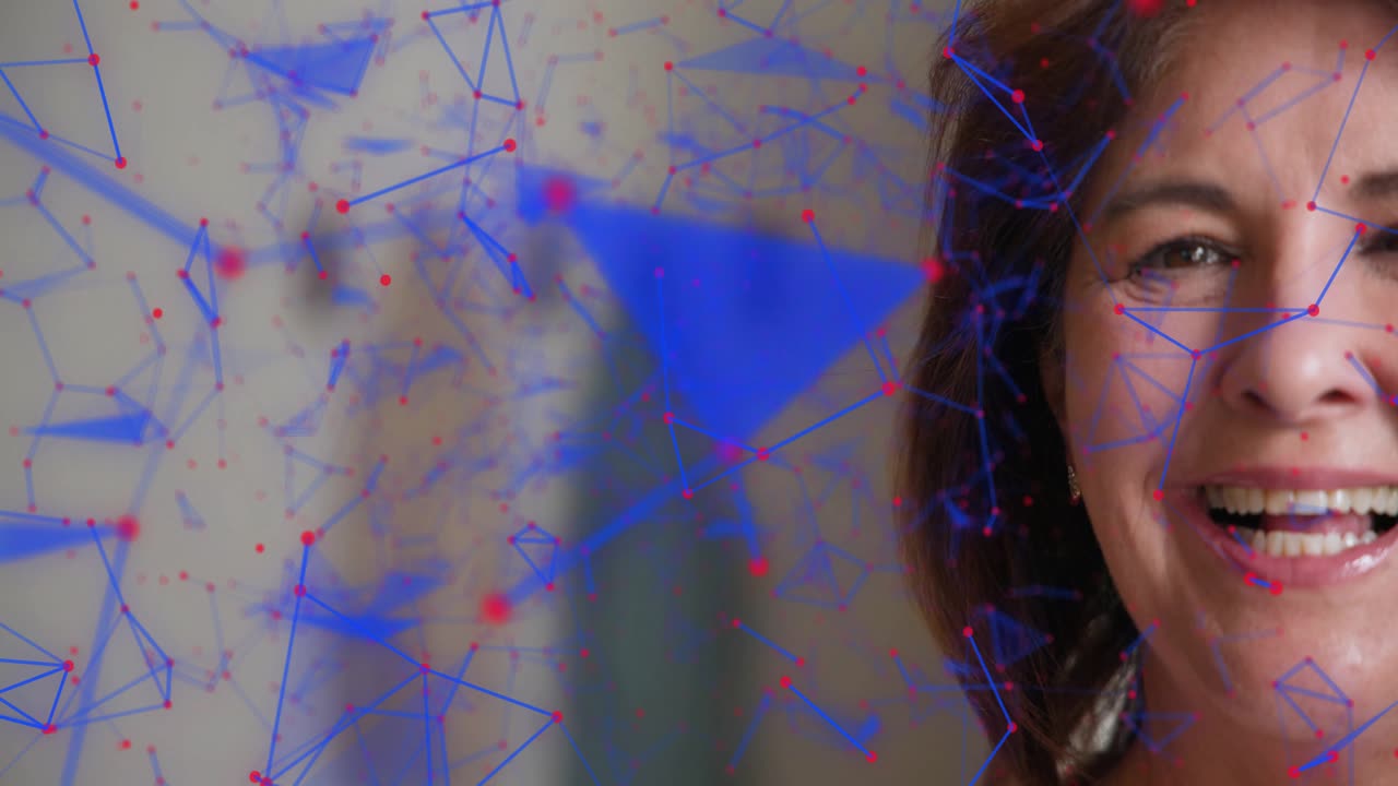 Senior woman shifting neutral to laugh after animated blue network drifting across face, tech