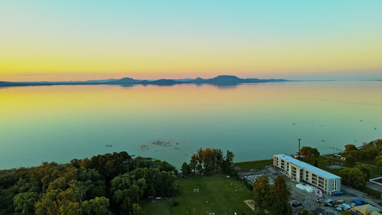 Aerial 4k Drone footage of Balatonm&aacute;riaf&uuml;rdő a village located on the southern shore of Lake Balaton in Somogy country, Hungary