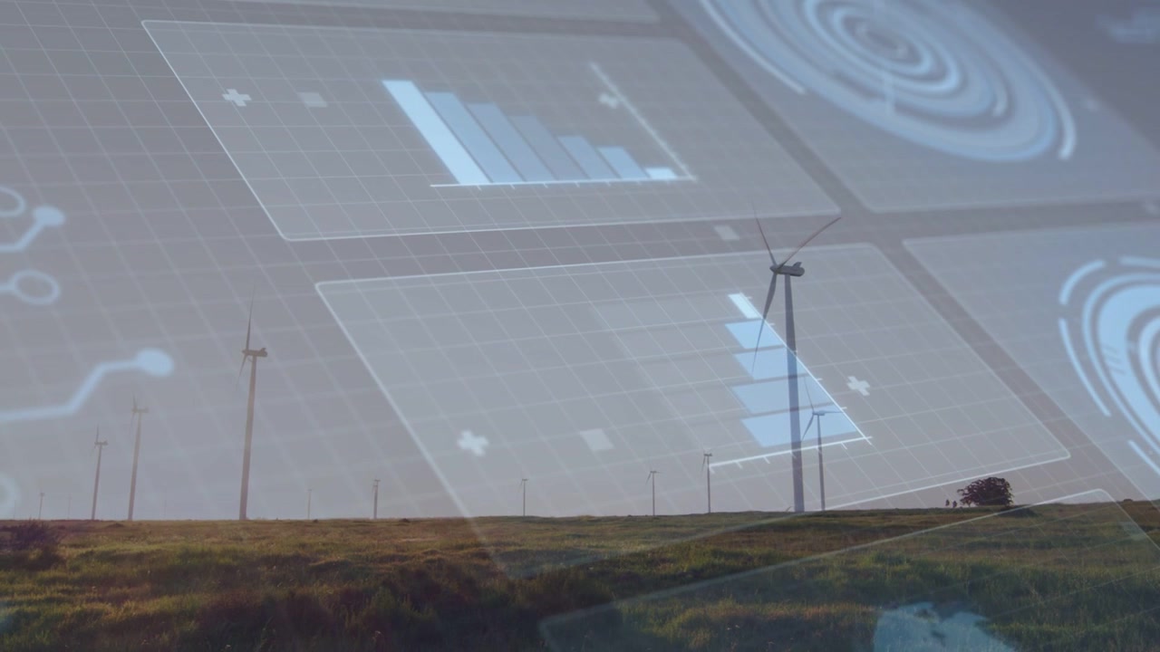 Turbine eoliche sulle colline, HUD del sistema che si avvia e svanisce, grafici che si allineano con le turbine e tracciano l'energia.