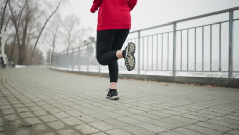 lower angle view of athlete in black sneakers and leggings jogging near iron railing of bridge in winter, partial view of cityscape in foggy atmosphere and tree in the background