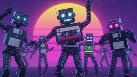 a dynamic dance party of retro-inspired robots under a neon sunset, showcasing high-tech moves and vibrant, futuristic visuals in a scene full of energy and fun