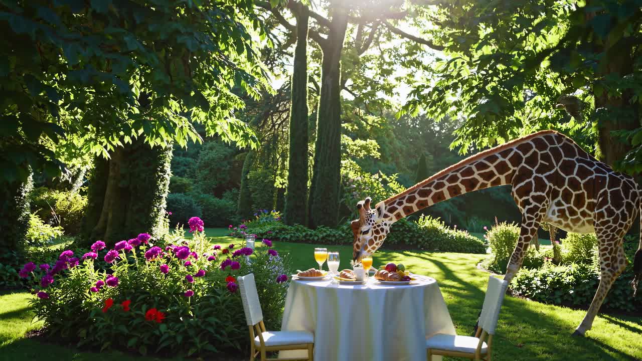 정원에서 지라프 아침식사